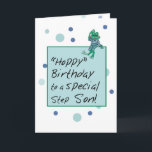 Stepson Frog in Jeans, Birthday, Polka Dots Kaart<br><div class="desc">Send your Stepson birthday greetings with this delightful card. A frog is sitting atop the Happy Birthday message box waving his wishes. Blue and green polka dots fill the background setting off the frog's jeans and striped t-shirt.</div>