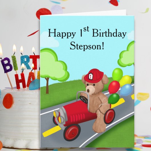 Stepson Happy 1st Birthday Teddy Bear Firetruck Kaart