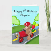 Stepson Happy 1st Birthday Teddy Bear Firetruck Kaart (Voorkant)