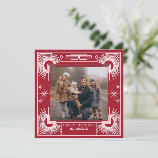 Ster Art Deco Foto Gelukkig Vakantie Rood Feestdagenkaart (Staand voorkant)
