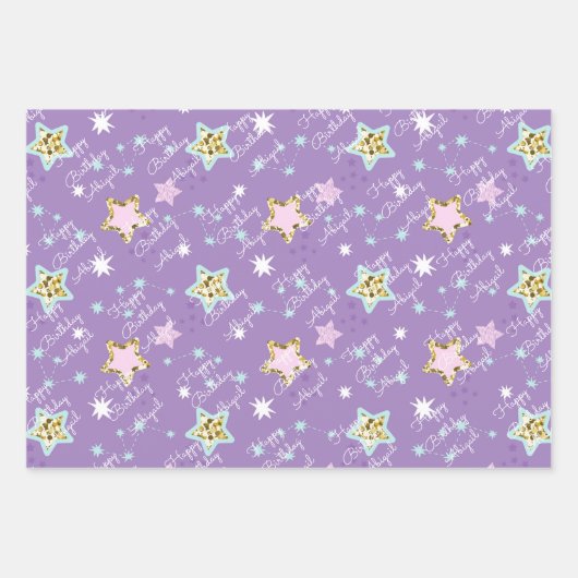 Ster Happy Birthday met meisjesnaam Roze Geel 3 Inpakpapier Vel (Voorkant 2)