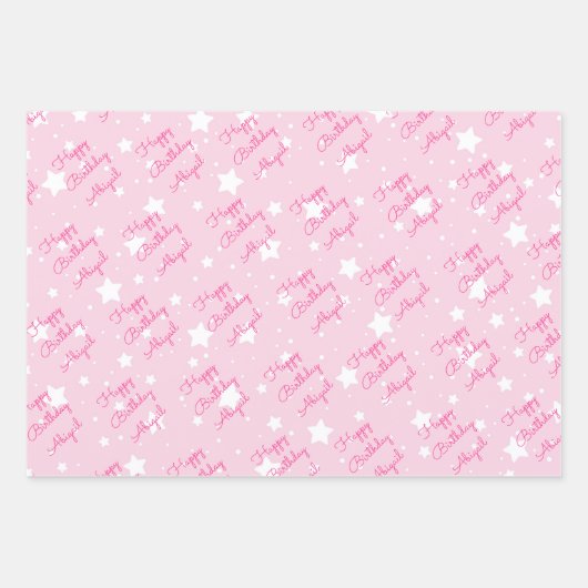 Ster Happy Birthday met meisjesnaam Roze Geel 3 Inpakpapier Vel (Voorkant)