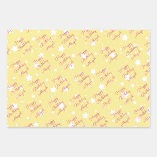 Ster Happy Birthday met meisjesnaam Roze Geel 3 Inpakpapier Vel (Voorkant 3)
