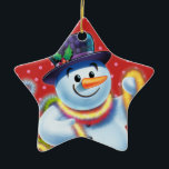 Ster Kerstboom decoratie Snowman & tinsel.<br><div class="desc">Stervorm roze kerstboom decoratie Snowman en tinsel.pinks. Deze vrolijke sneeuwman staat op het punt zijn boom te versieren met kleurrijk klatergoud. Bekijk de andere personages in deze zelfde serie,  Santa en Polar Beer en Rudolph.</div>