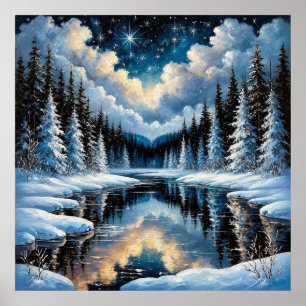 Ster landschap in de winter met besneeuwde bomen poster