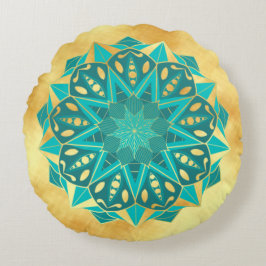 Ster Mandala Blauw Goud op Zachte Gouden Achtergro Rond Kussen