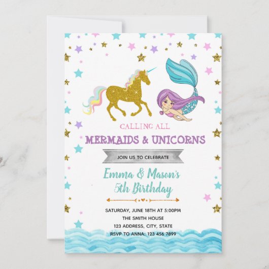 Ster mermaid unicorn party topics call kaart (Voorkant)