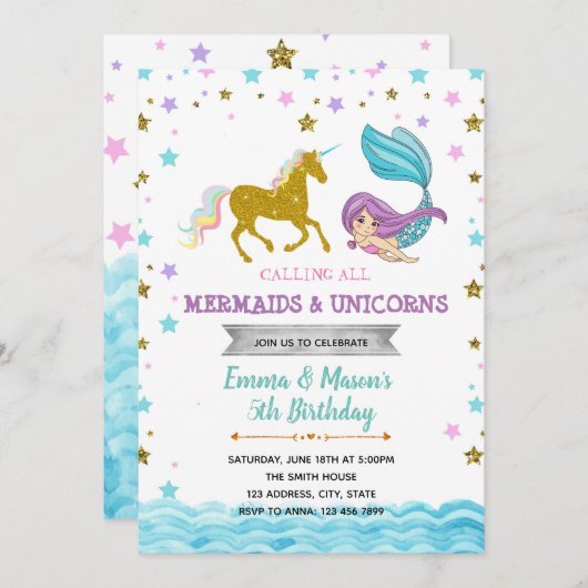 Ster mermaid unicorn party topics call kaart (Voorkant / Achterkant)