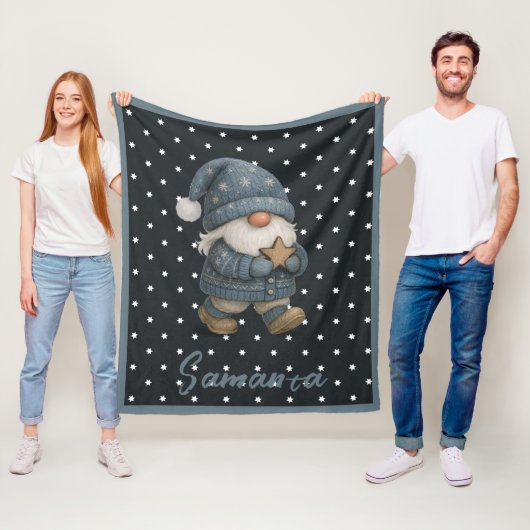 Ster patroon kabouter blauw beige naam fleece deken (In situ)