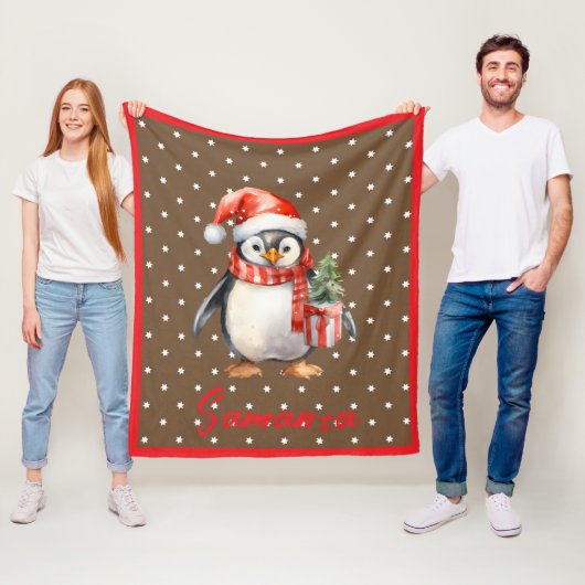 Ster patroon pinguïn bruin rood naam fleece deken (In situ)