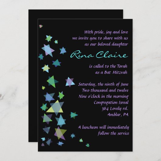 Ster van David Bar Bat Mitzvah Uitnodiging (Voorkant / Achterkant)