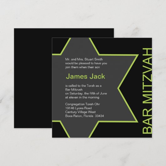 Ster van David Bar Mitzvah Bright Green & Grey Kaart (Voorkant / Achterkant)