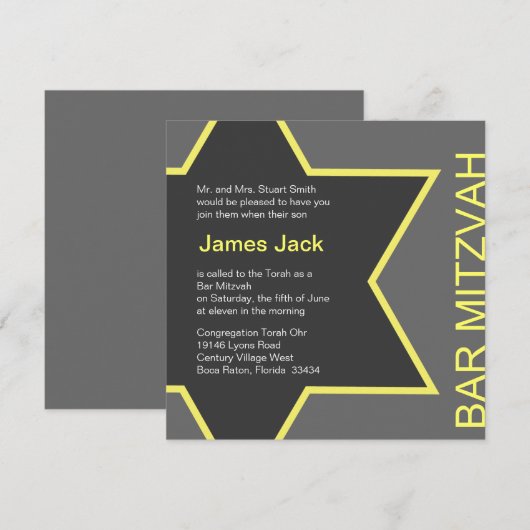 Ster van David Bar Mitzvah Gray & Yellow Kaart (Voorkant / Achterkant)