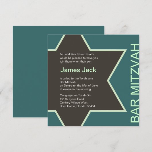 Ster van David Bar Mitzvah Green & Brown 2 Kaart (Voorkant / Achterkant)