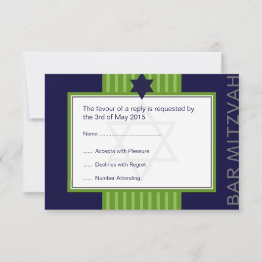 Ster van David Bar Mitzvah groen & blauw lintje RS RSVP Kaartje (Voorkant)