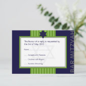 Ster van David Bar Mitzvah groen & blauw lintje RS RSVP Kaartje (Staand voorkant)