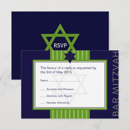 Ster van David Bar Mitzvah groen & blauw lintje RS RSVP Kaartje (Voorkant / Achterkant)
