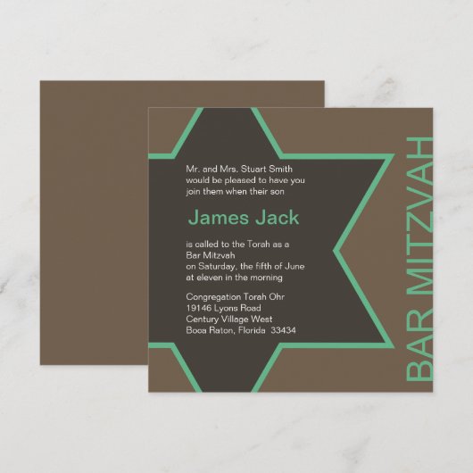 Ster van David Bar Mitzvah - Groen & Bruin Kaart (Voorkant / Achterkant)