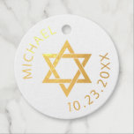 Ster van David Bar of Bat Mitzvah REAL FOLIE Bedankjes Labels<br><div class="desc">Eenvoudige en elegante Ster van David en persoonlijke naam,  datum,  en dank u voor de ronde gunstige tag met de REAL GOLD OF SILVER FOIL op de voorzijde en aangepaste kleuren op de achterzijde. Klik "pas verder"aan veranderingskleuren op de rug van de gunstmarkering aan.</div>