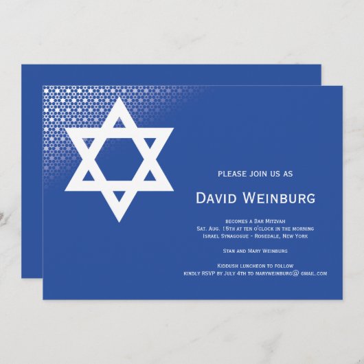 Ster van David Blue Bar Mitzvah Uitnodiging (Voorkant / Achterkant)