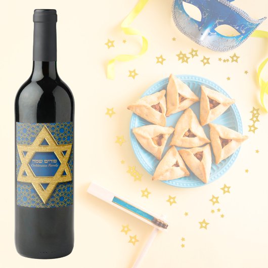 Ster van David Blue Gold Hebrew Happy Purim Wijn Etiket