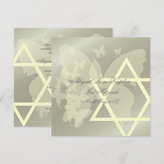 Ster van David/Butterfiles Bat Mitzvah uitnodiging (Voorkant / Achterkant)