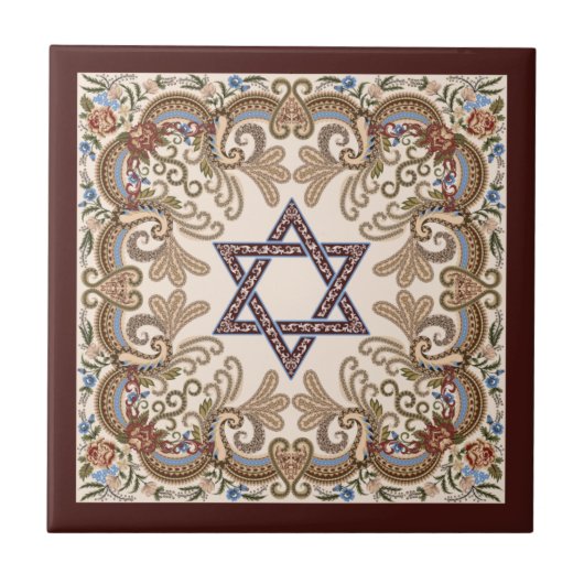 Ster van David Elegant  Damask Jewish Art Tegeltje (Voorkant)