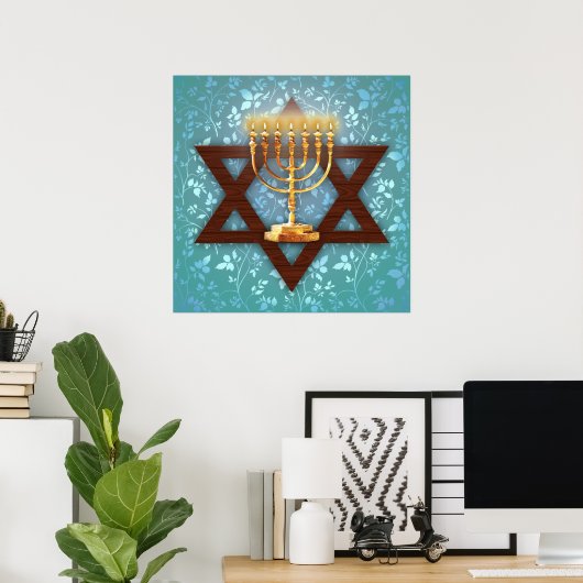 Ster van David Gold Menorah over Blauwgroen wijnku Poster (Thuiskantoor)