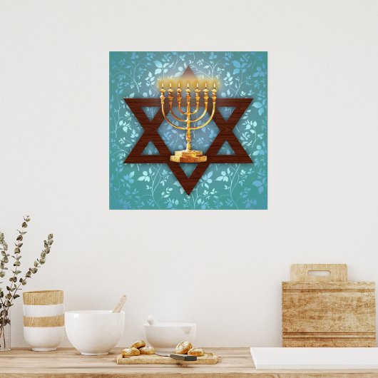 Ster van David Gold Menorah over Blauwgroen wijnku Poster (Keuken)