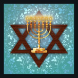 Ster van David Gold Menorah over Blauwgroen wijnku Poster<br><div class="desc">Lijst deze verbluffende kunstafdruk en geef het als cadeau aan nieuwigheden,  een bar mitzvah of een geliefde. De Magen David (Ster van David) is voorzien van een gouden menorah tegen een ironische achtergrond van blauwgroen wijnstokken.</div>