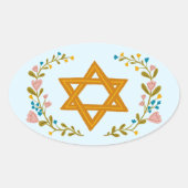 Ster van David Hand-getrokken Bloemen Joodse Douan Ovale Sticker (Voorkant)