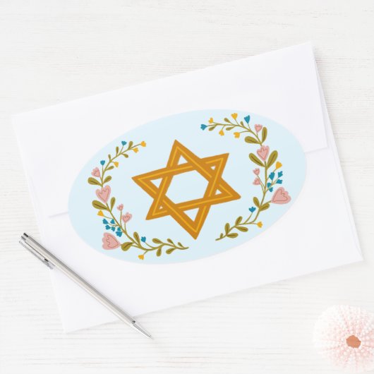 Ster van David Hand-getrokken Bloemen Joodse Douan Ovale Sticker (Envelop)