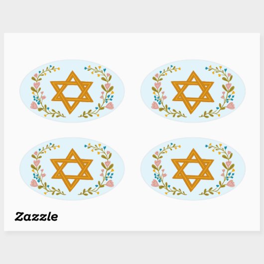 Ster van David Hand-getrokken Bloemen Joodse Douan Ovale Sticker (Vel)