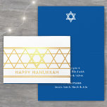 Ster van David Happy Hanukkah Techelet Blue Modern Folie Kaarten<br><div class="desc">Stuur elegante Happy Chanoeka wensen met een moderne aangepaste foto gevouwen kaart. Alle bewoordingen van deze sjabloon zijn eenvoudig te personaliseren. Het techelet blauw, wit en gouden folie ontwerp is voorzien van een geometrisch Star of David ontwerp en minimalistische art deco typografie. Familie en vrienden zullen het geweldig vinden om...</div>