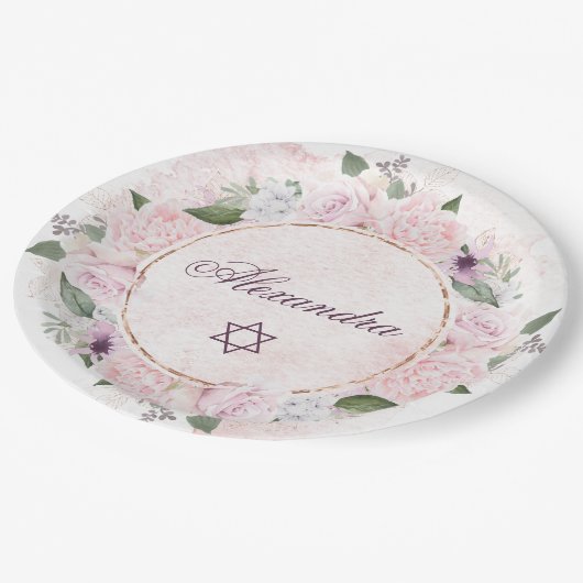 Ster van David Jewish Girl Baby Naming Pink Roses Papieren Bordje (Gekanteld)