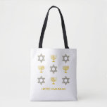 Ster van David Menorah HANUKKAH Tote Bag<br><div class="desc">Moderne HAPPY HANUKKAH-canvas tas met tekst, met faux gold en zilver STAR VAN DAVID en MENORAH. De tekst leest HAPPY HANUKKAH met een placeholder naam, en is , zodat kunt u het PERSONALISEREN door jouw naam of andere tekst toe te voegen. Ideaal voor de viering van Hanukkah en met aanpassing...</div>