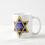 Ster van David & Menorah Koffiemok<br><div class="desc">Gele ster van David gevuld met blauw en een menorah.</div>