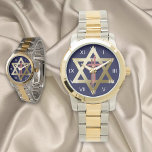Ster van David met Cross Watch Horloge<br><div class="desc">Gouden ster van David met dubbel kruis op marineblauwe achtergrond.</div>