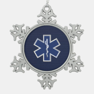 Ster van leven Paramedische EMS op blauwe koolstof Tin Sneeuwvlok Ornament