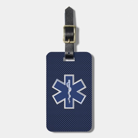Ster van Life Paramedic op Navy Blue Carbon Fiber Bagagelabel (Voorkant verticaal)