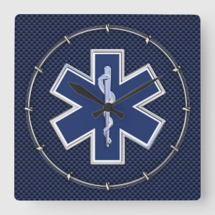 Ster van Life Paramedic op Navy Blue Carbon Fiber Vierkante Klok
