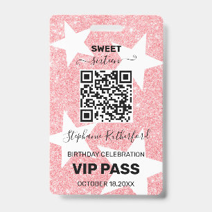 Ster Verjaardagsfeest VIP PAS Pink Glitters Badge