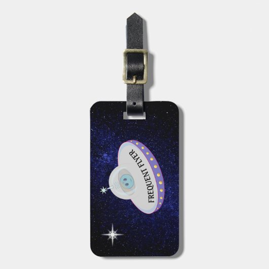 Ster, vliegende saucer op marineblauw melkweg bagagelabel (Voorkant verticaal)