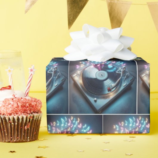 Stereo Platenspeler met dansende neonnoten Cadeaupapier (Verjaardagsfeest)