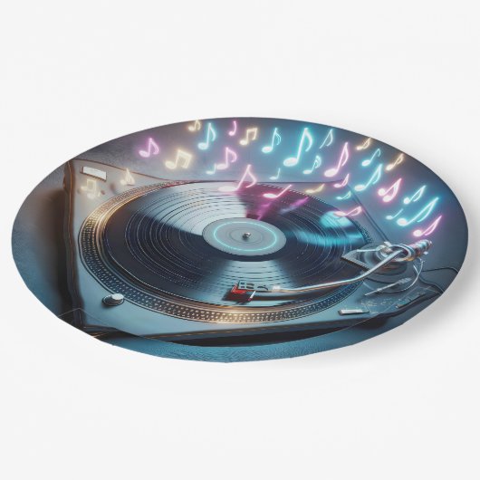 Stereo Platenspeler met Neon Notes Papieren Bordje (Gekanteld)