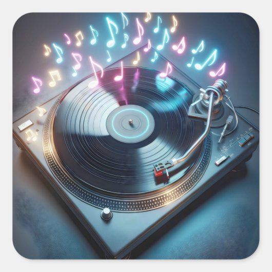 Stereo Platenspeler met Neon Notes Vierkante Sticker (Voorkant)