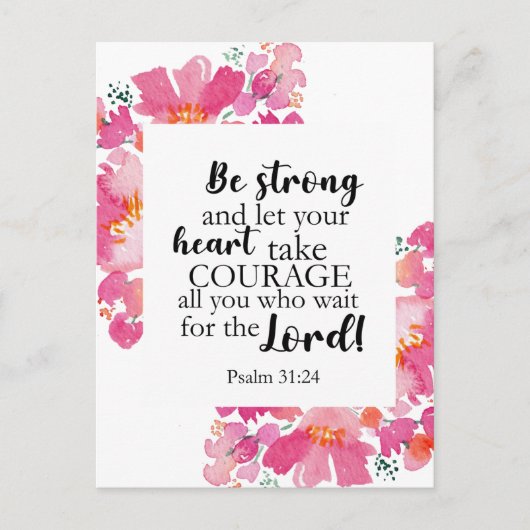 Sterk en moedig roze platte Bijbel Feestdagenkaart (Voorkant)