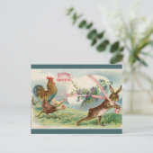 sterk konijn achtervolgd door kippen briefkaart (Staand voorkant)