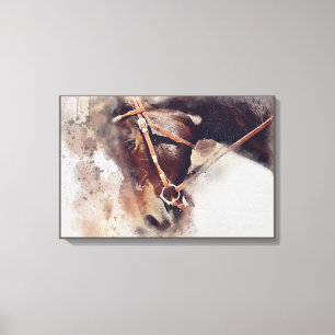 STERK MET HARNESS. BROWN HORSE HEAD ILLUSTRATIE CANVAS AFDRUK