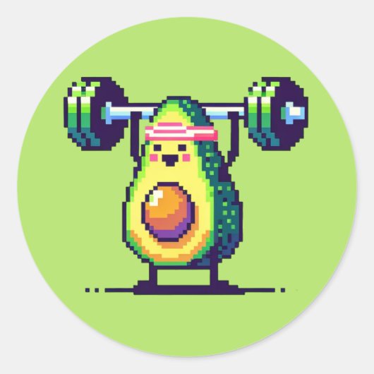 Sterke avocado - Grappige Pixel Art Gewichtheffen Ronde Sticker (Voorkant)